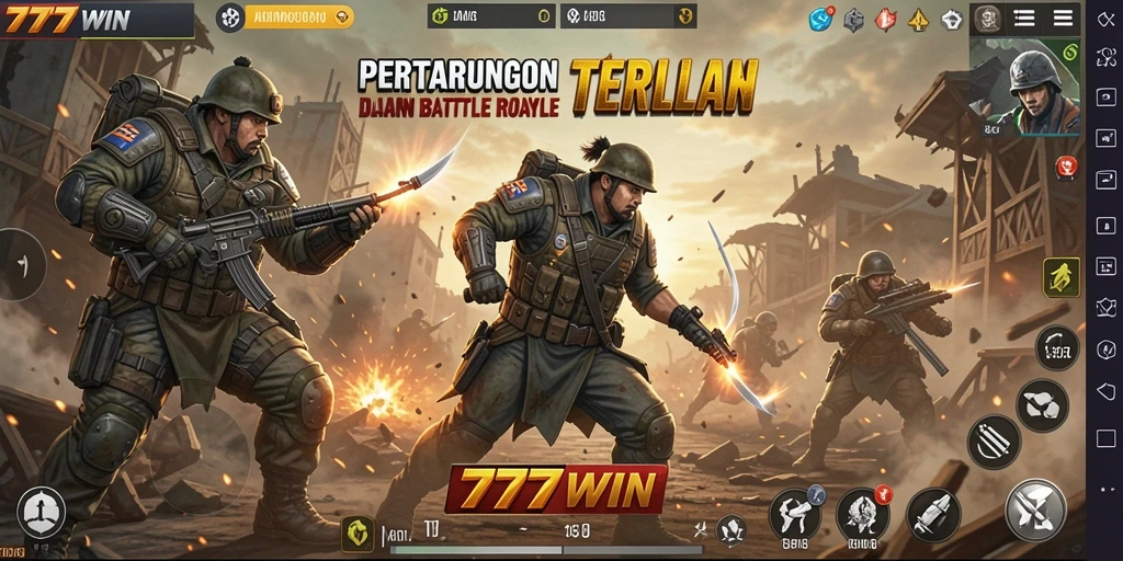 Screenshot 777WIN menampilkan aksi pertempuran Battle Royale yang mendebarkan.