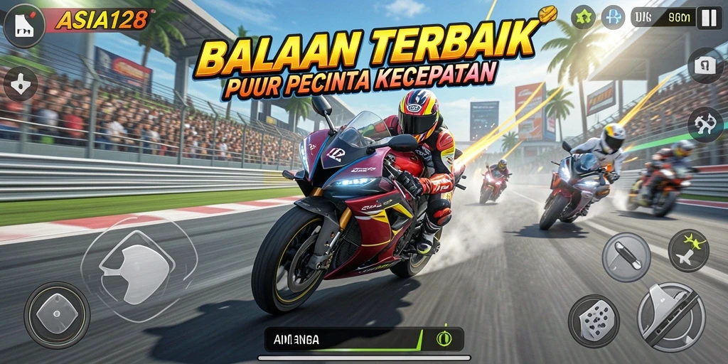 Screenshot utama ASIA128 menunjukkan aksi balapan motor yang mendebarkan.
