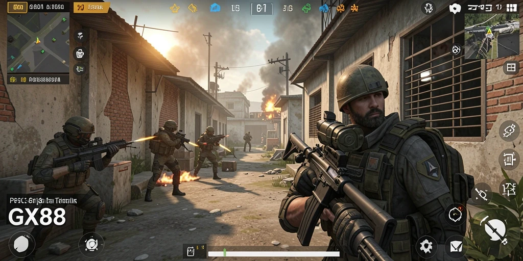 Tangkapan layar GX88 menampilkan aksi tembak-menembak yang intens dalam mode FPS.