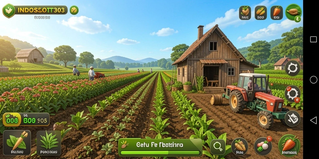 Tampilan gameplay <strong>INDOSLOT303</strong> yang menampilkan aktivitas bertani yang seru.