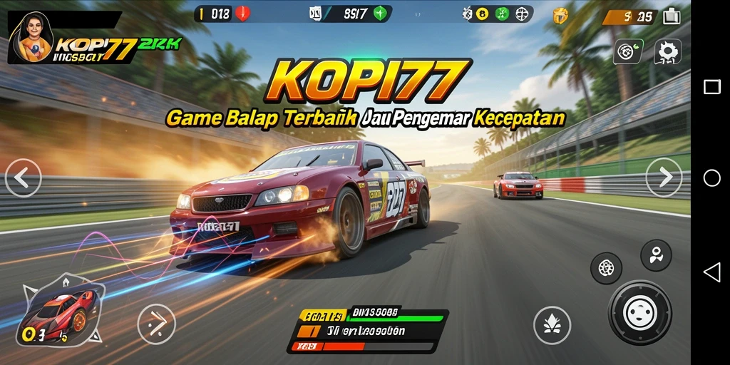 Screenshot gameplay KOPI77 menunjukkan aksi balap yang mendebarkan.