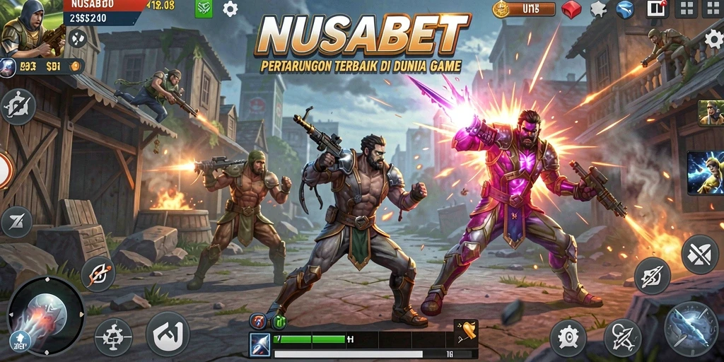Screenshot gameplay NUSABET dengan pertarungan yang intens dan karakter yang keren.