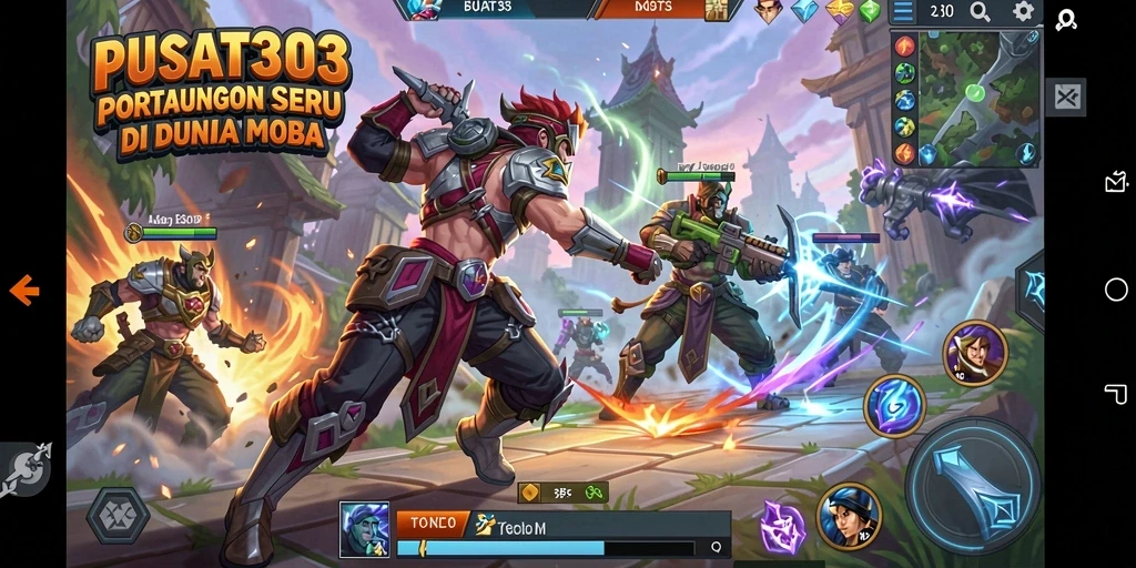 Screenshot PUSAT303 menampilkan aksi pertarungan di arena MOBA.