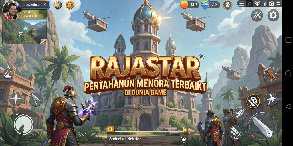Tampilan gameplay RAJASTAR dengan menara pertahanan yang megah dan musuh yang menyerang.